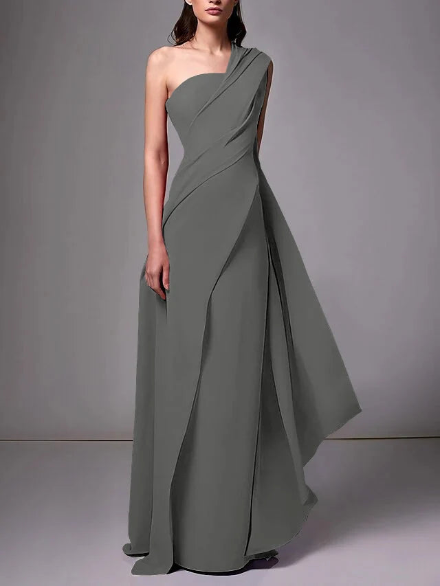 Elegant Sheath One Shoulder Sleeveless Crepe Floor Length Evening Dress