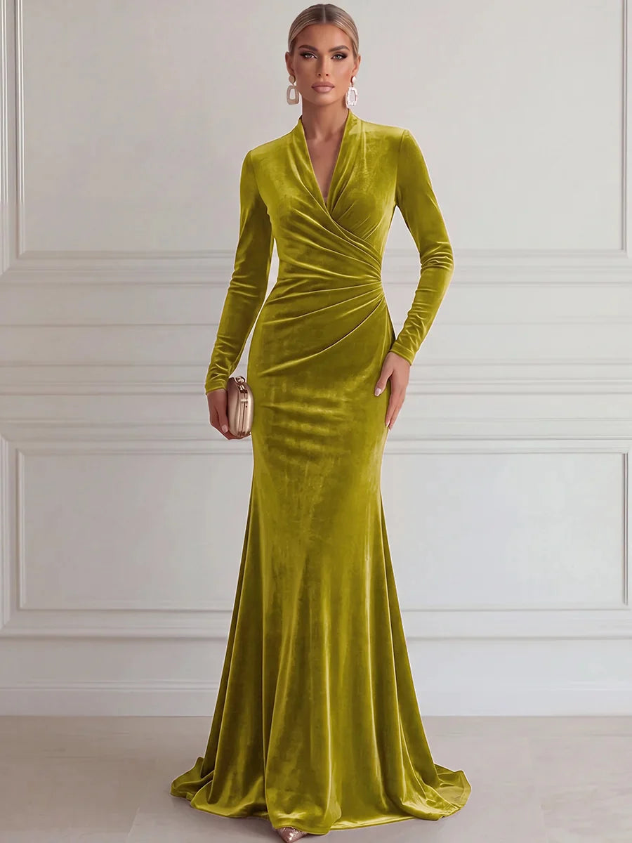 Elegant Mermaid Deep V Long Sleeve Velvet Floor-Length Evening Dress