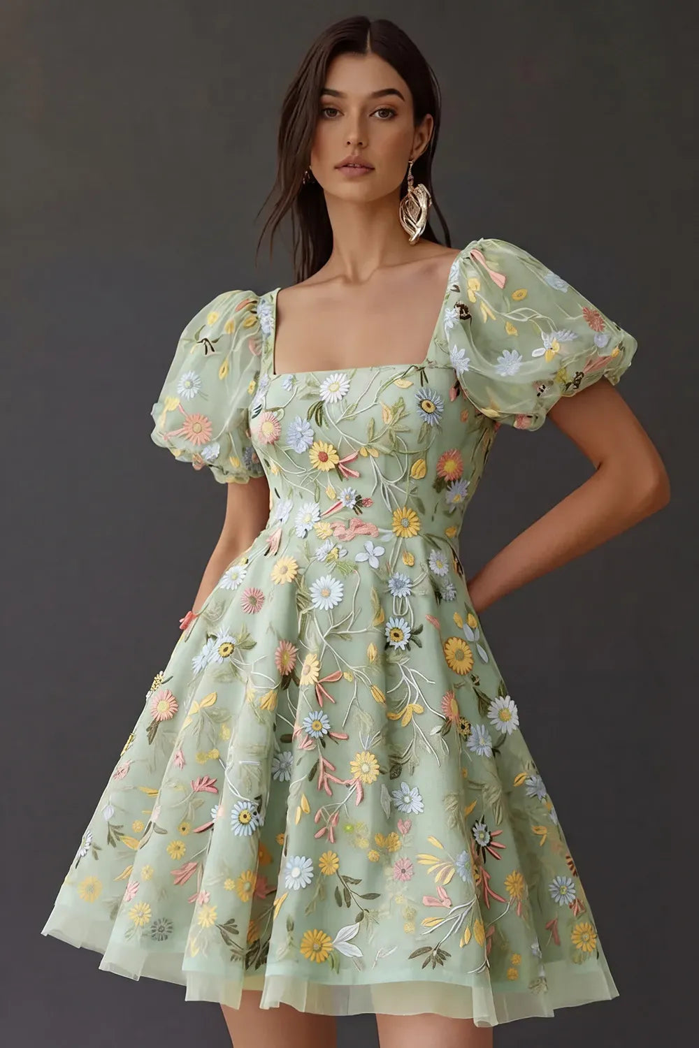 Romantic A Line Square Neck Puff Sleeve Square Back Short Homecoming Dress