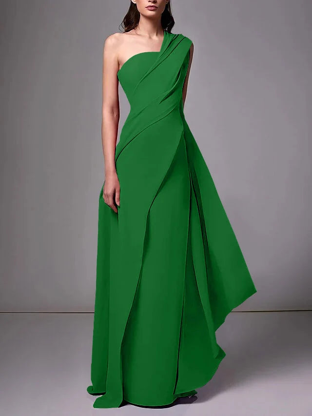 Elegant Sheath One Shoulder Sleeveless Crepe Floor Length Evening Dress