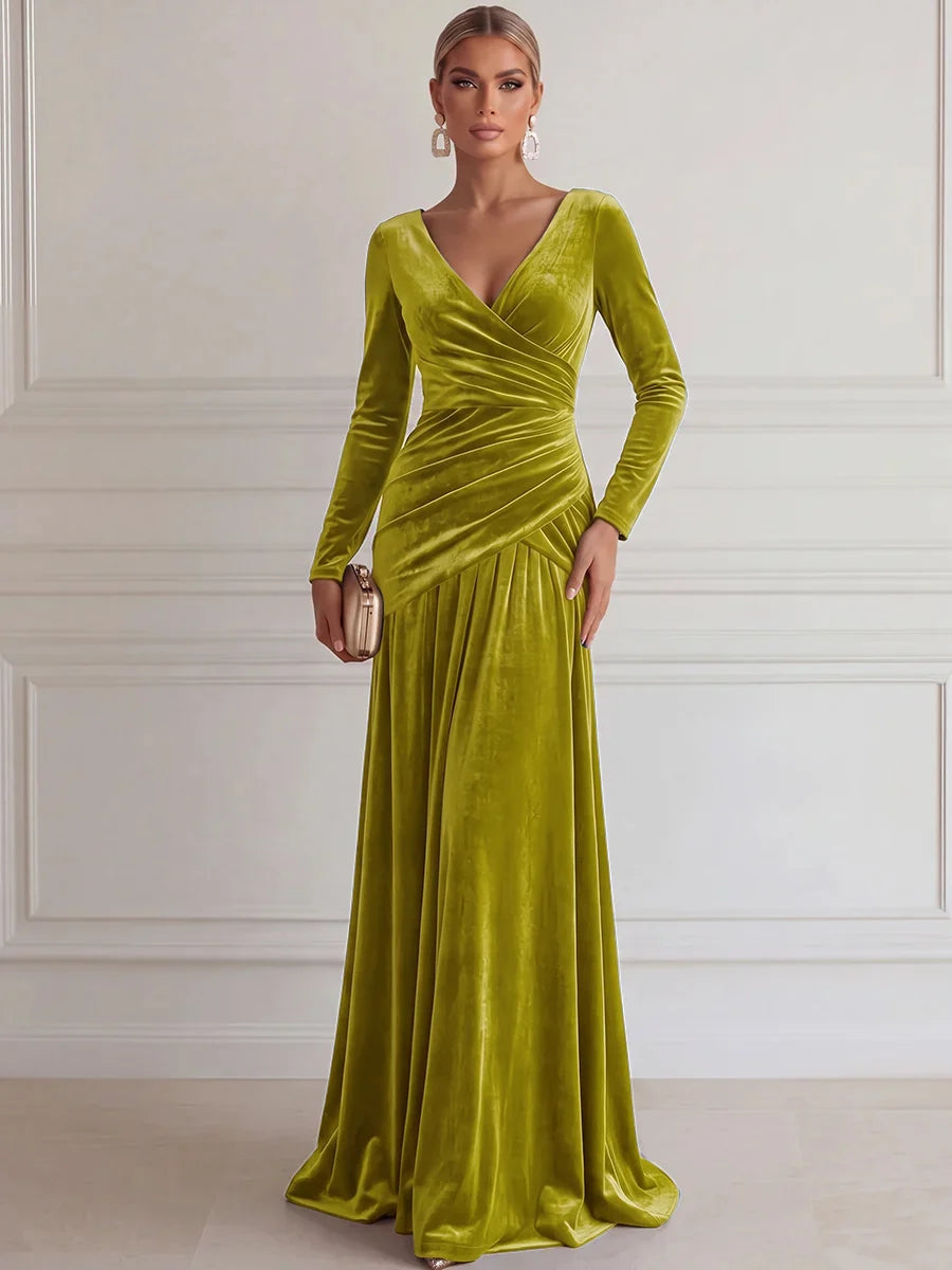 Elegant A-Line V-Neck Long Sleeve Velvet Floor-Length Evening Dress