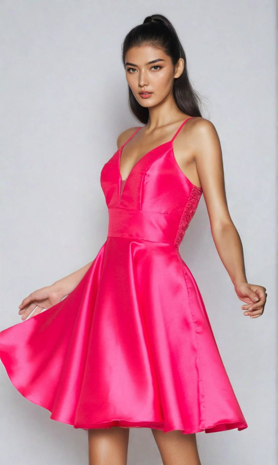Elegant A-Line Plunging V-Neck Sleeveless Satin Mini Homecoming Dress