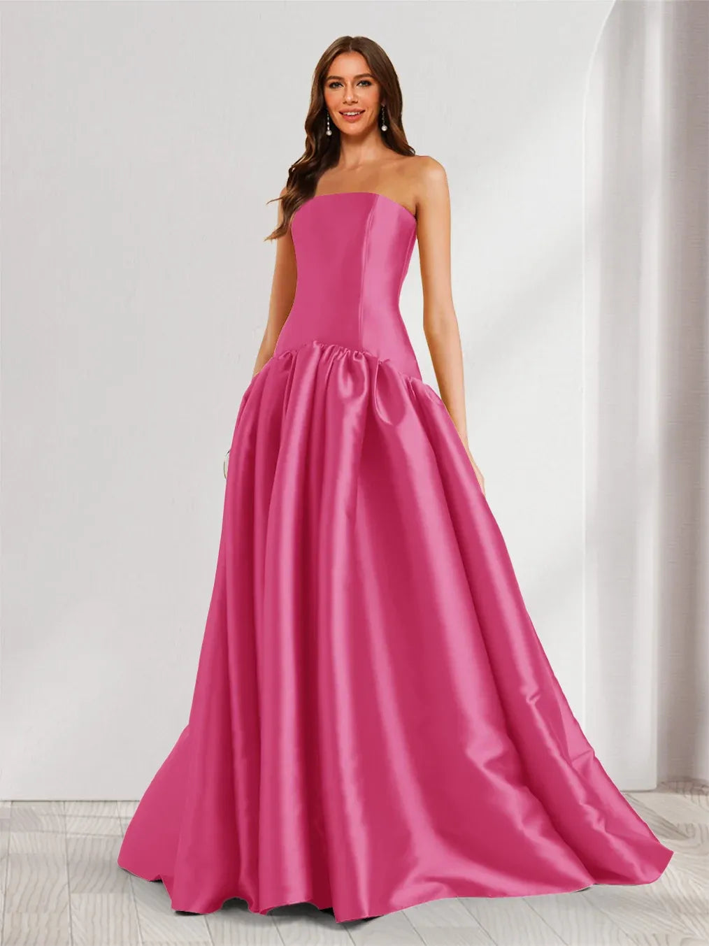 Elegant A-Line Straight-Neck Strapless Zipper-Back Floor-Length Satin Prom Dress