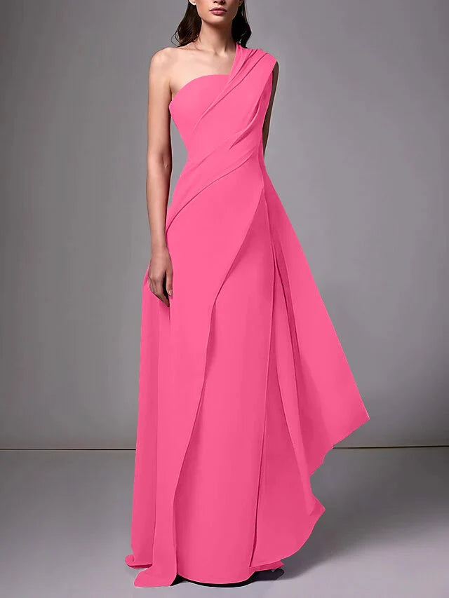 Elegant Sheath One Shoulder Sleeveless Crepe Floor Length Evening Dress