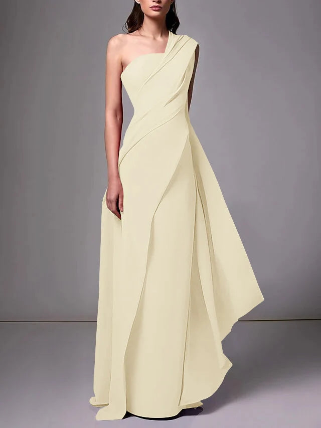 Elegant Sheath One Shoulder Sleeveless Crepe Floor Length Evening Dress