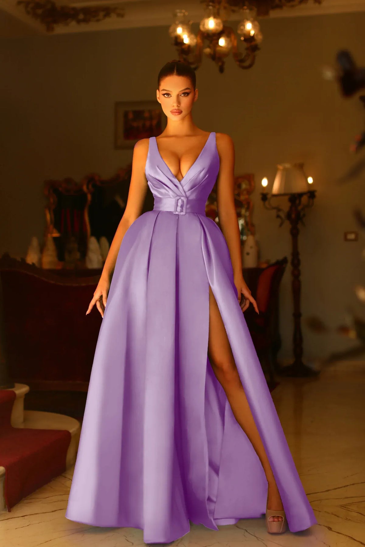 Elegant A-Line V-Neck Sleeveless Low Back Floor-Length Prom Dress