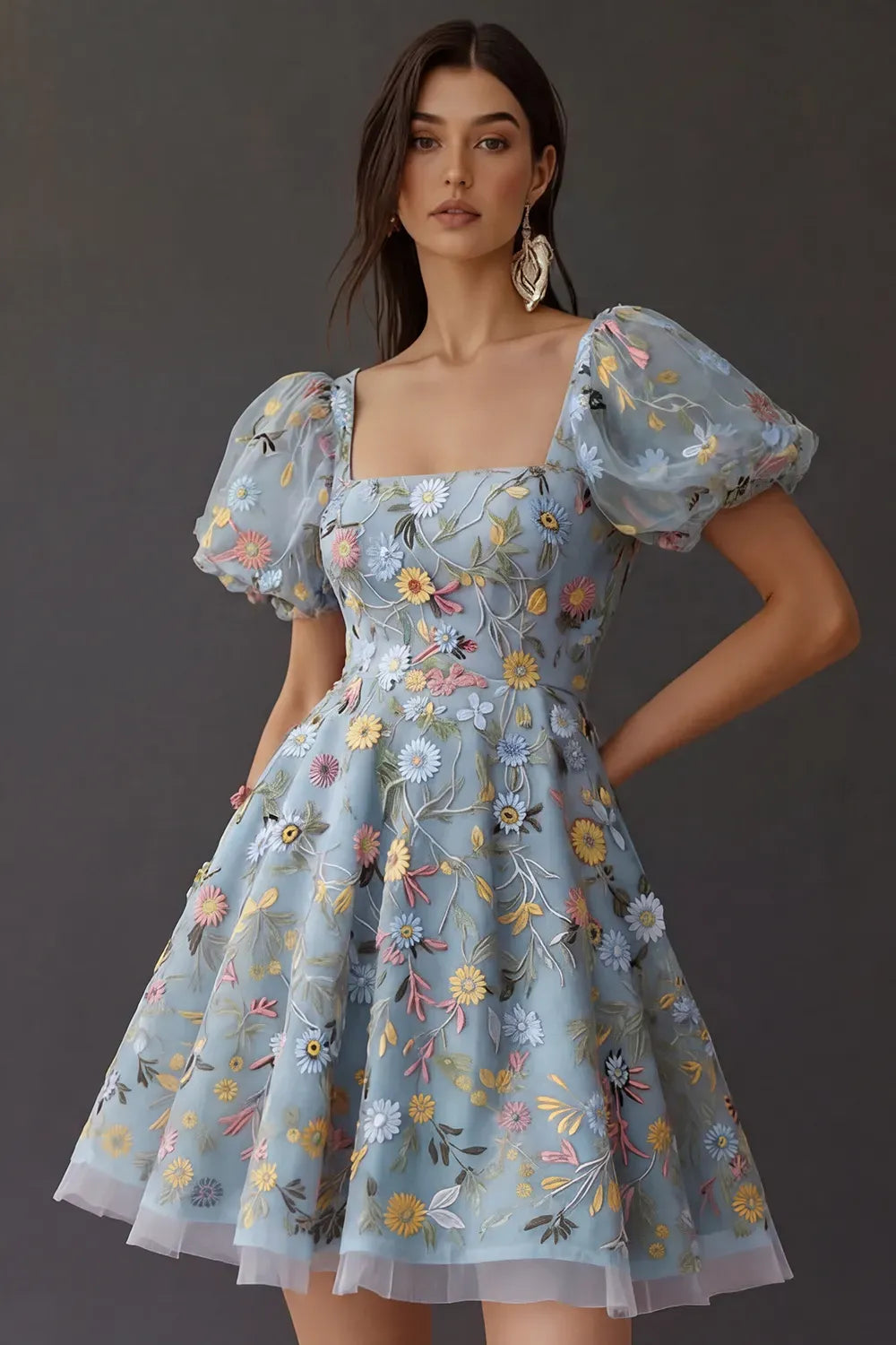 Romantic A Line Square Neck Puff Sleeve Square Back Short Homecoming Dress