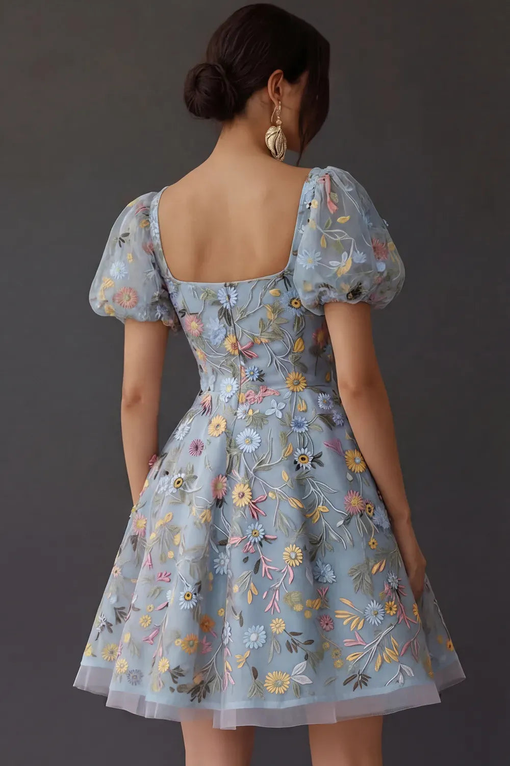 Romantic A Line Square Neck Puff Sleeve Square Back Short Homecoming Dress