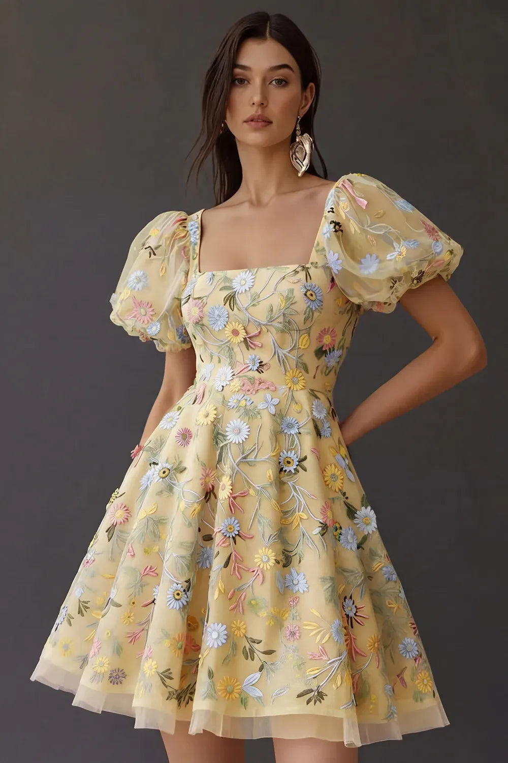 Romantic A Line Square Neck Puff Sleeve Square Back Short Homecoming Dress
