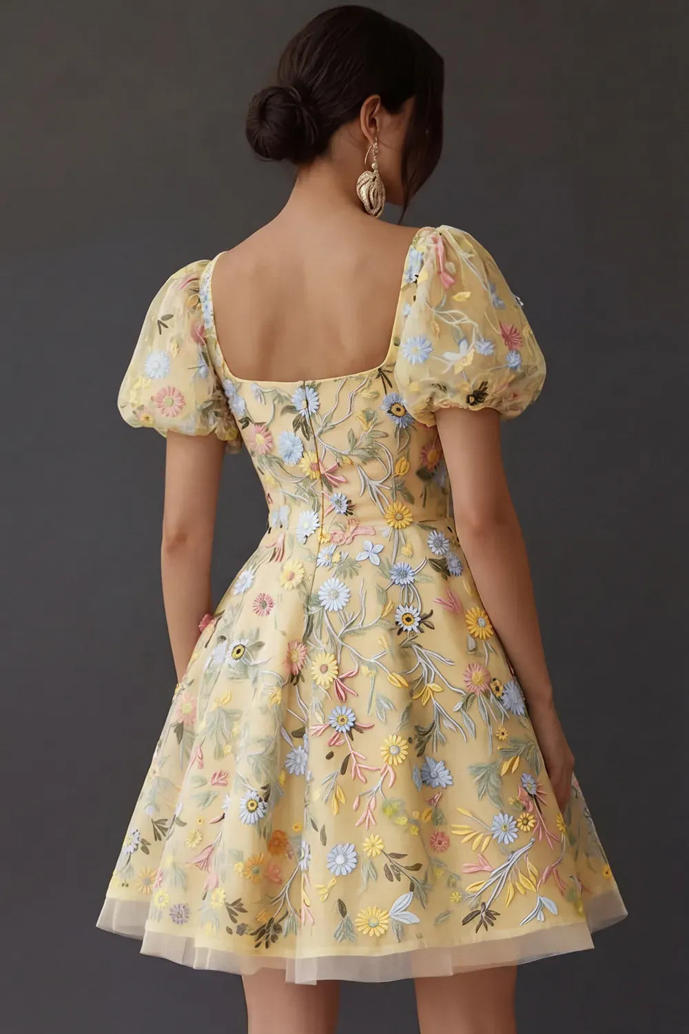 Romantic A Line Square Neck Puff Sleeve Square Back Short Homecoming Dress