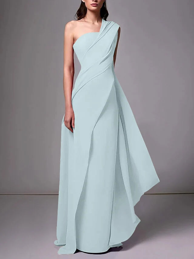 Elegant Sheath One Shoulder Sleeveless Crepe Floor Length Evening Dress