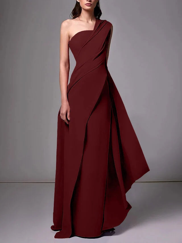 Elegant Sheath One Shoulder Sleeveless Crepe Floor Length Evening Dress