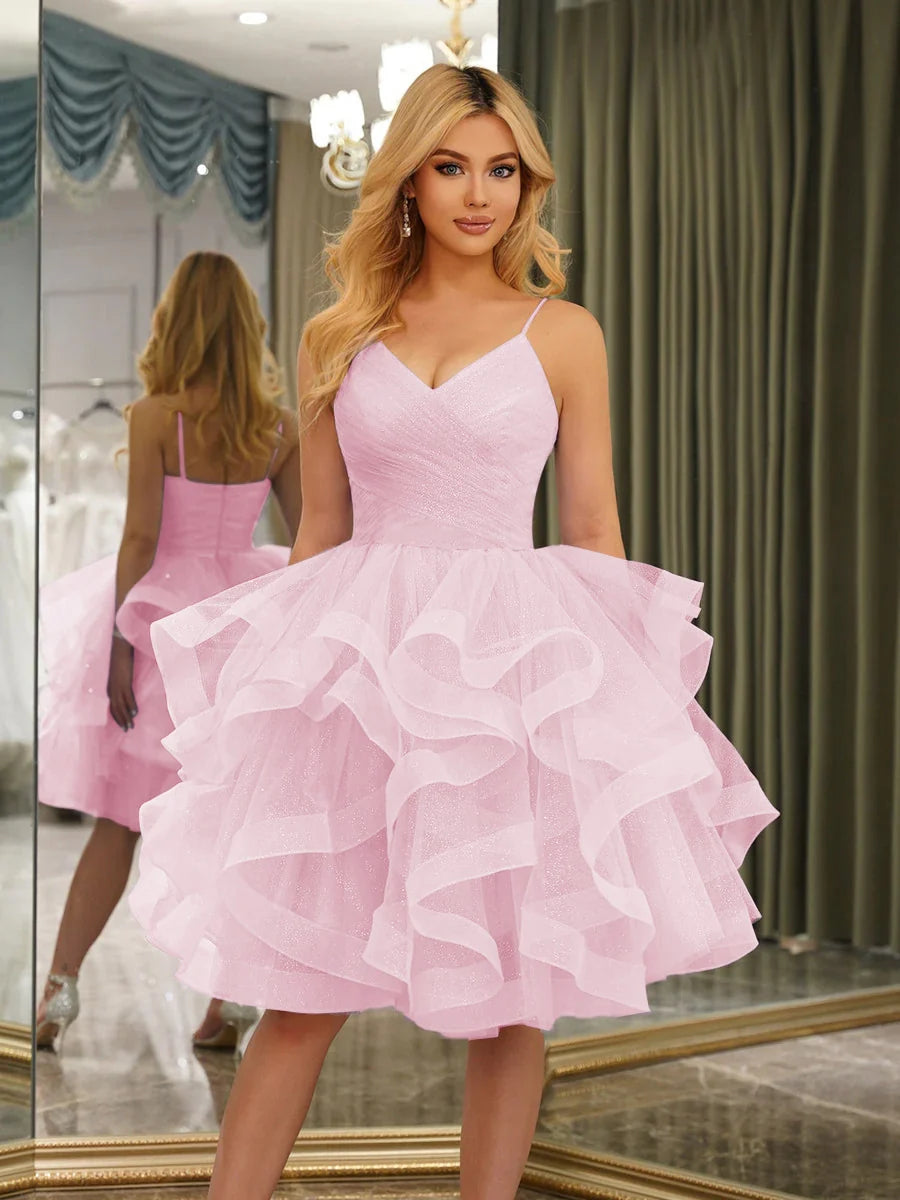 Dreamy A-Line V-Neck Spaghetti Strap Zipper Back Ruffled Mini Homecoming Dress