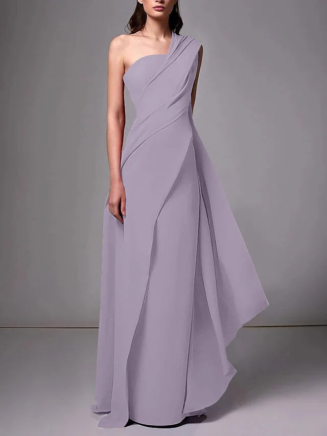 Elegant Sheath One Shoulder Sleeveless Crepe Floor Length Evening Dress