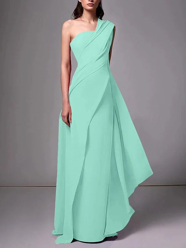 Elegant Sheath One Shoulder Sleeveless Crepe Floor Length Evening Dress