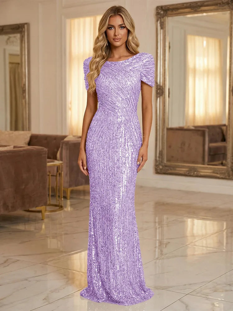 Glamorous Sheath Bateau Neck Puff Sleeve Sequin Floor-Length Evening Dress
