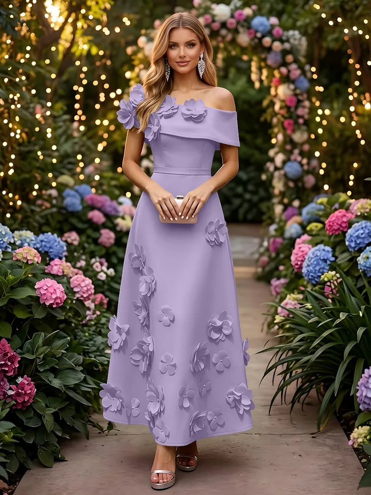 Romantic A-Line Off-Shoulder Short Sleeve Satin Ankle-Length Wedding Guest Dress