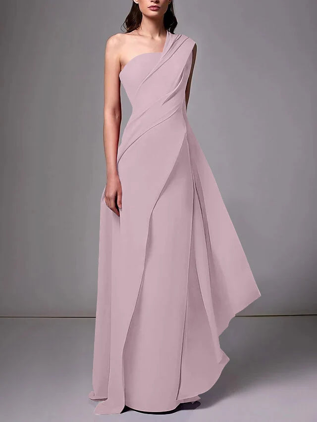 Elegant Sheath One Shoulder Sleeveless Crepe Floor Length Evening Dress