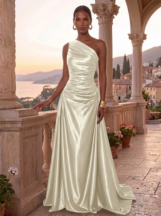 Elegant A-Line One Shoulder Sleeveless Ruched Back Floor-Length Evening Dress