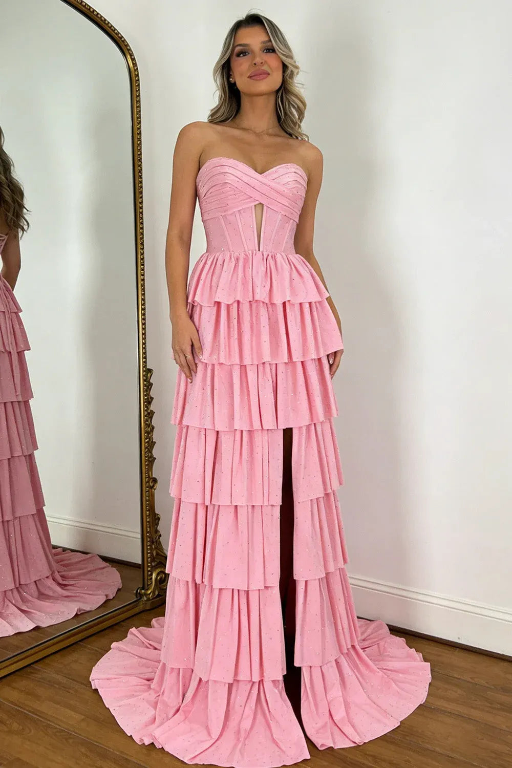 Loverlm Romantic Glitter A-Line Sweetheart Strapless Lace-Up Back Tiered Long Prom Dress