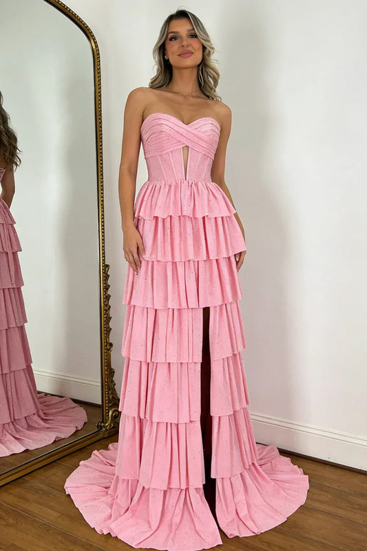 Loverlm Romantic Glitter A-Line Sweetheart Strapless Lace-Up Back Tiered Long Prom Dress