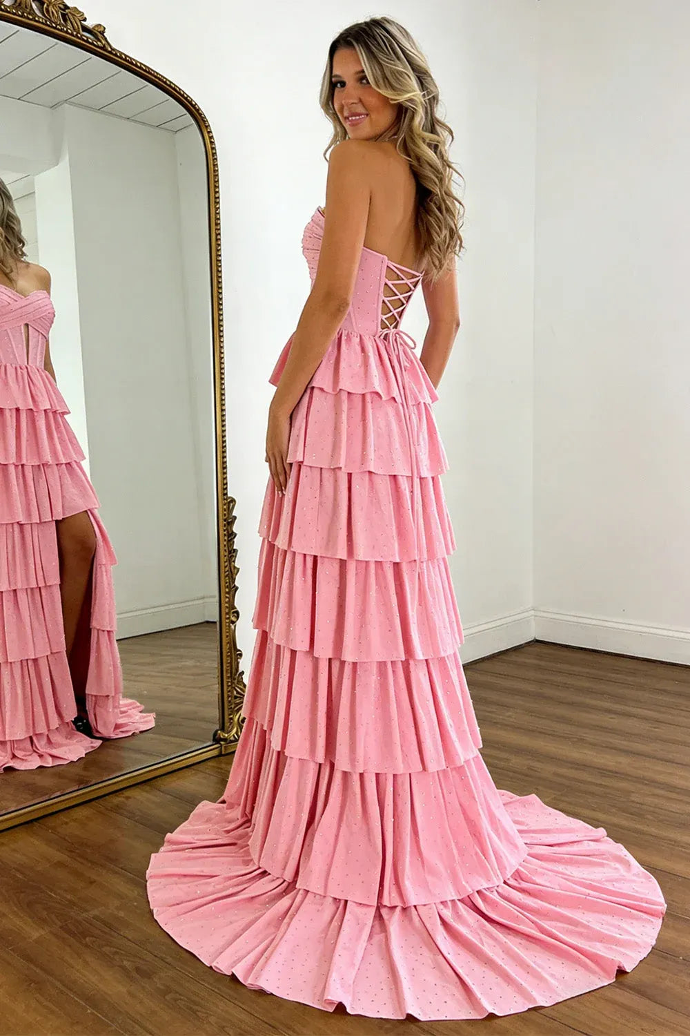 Loverlm Romantic Glitter A-Line Sweetheart Strapless Lace-Up Back Tiered Long Prom Dress