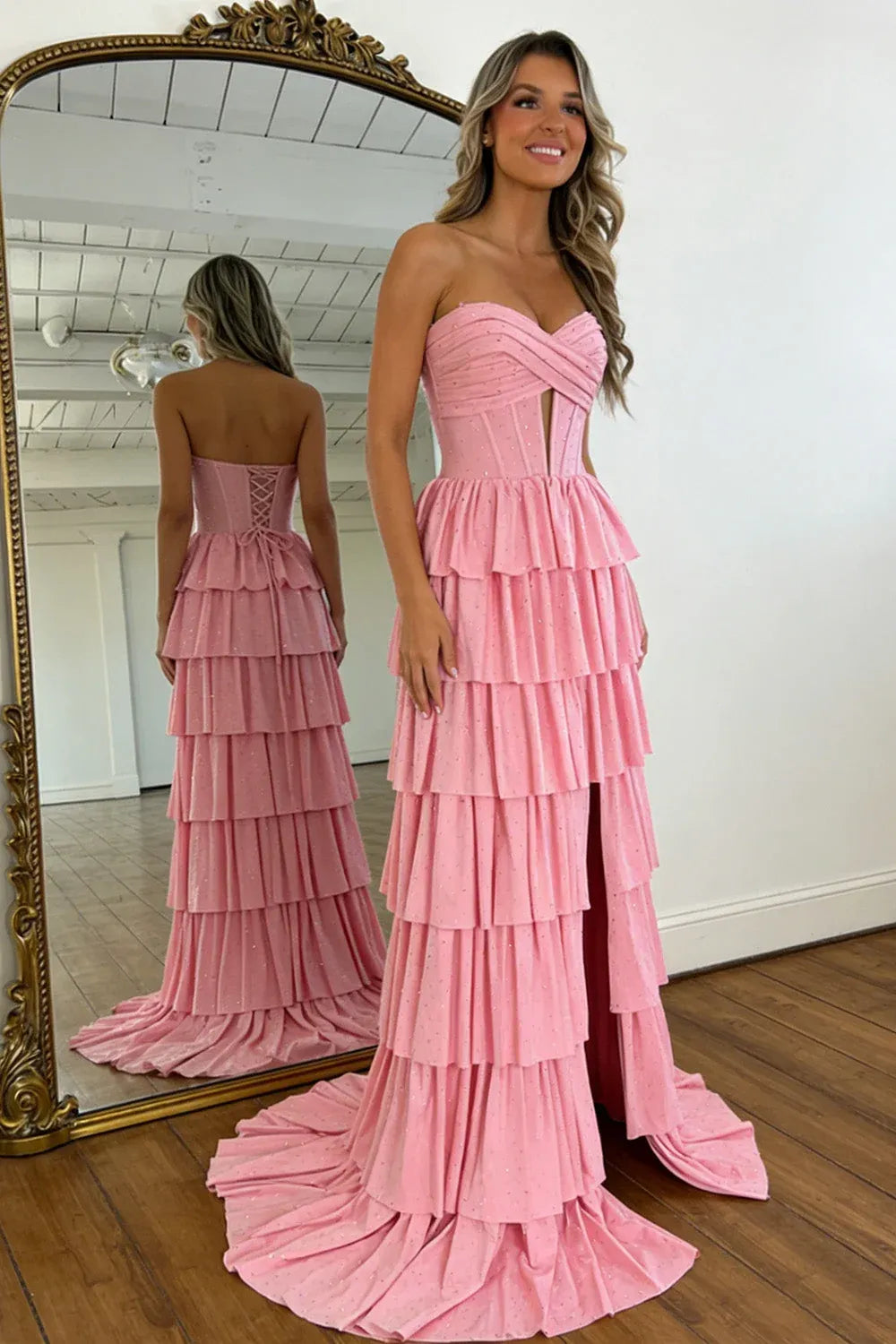 Loverlm Romantic Glitter A-Line Sweetheart Strapless Lace-Up Back Tiered Long Prom Dress