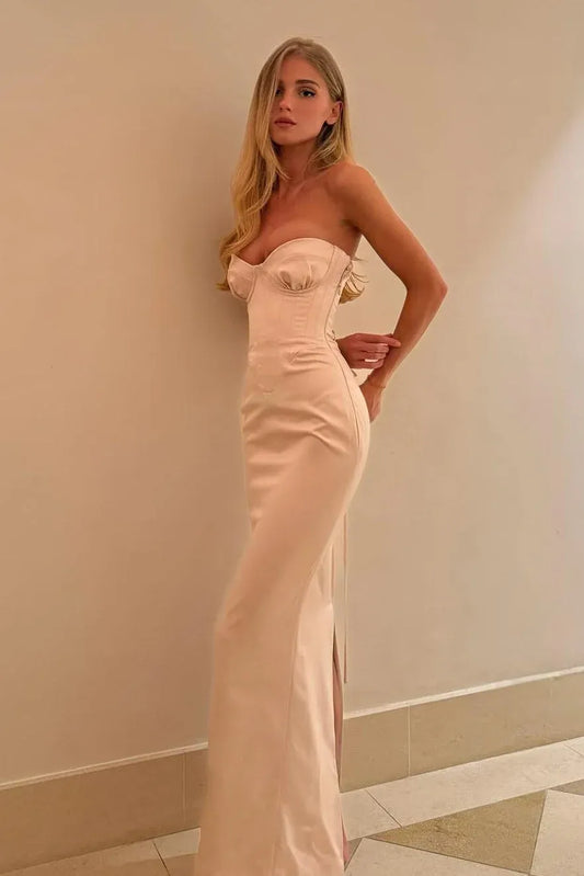 Loverlm light pink satin mermaid prom dress with sweetheart corset bodice and side slit
