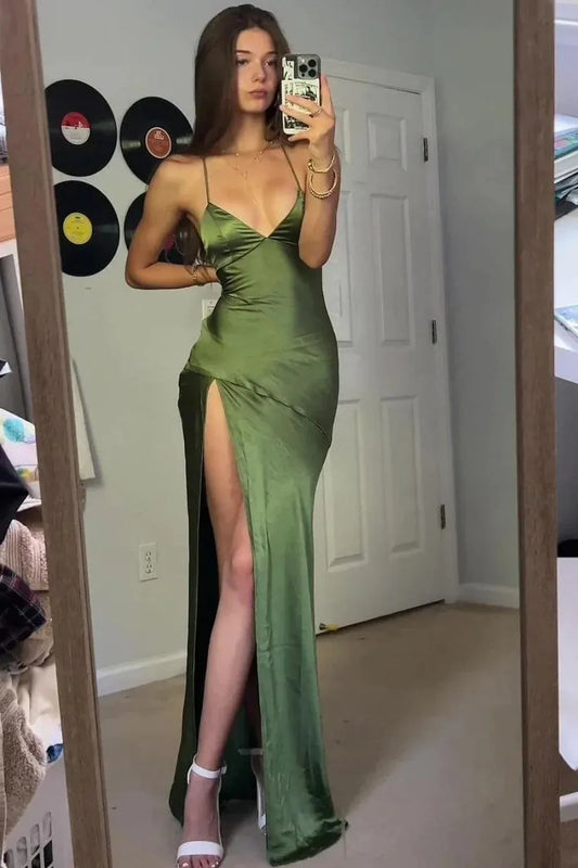 Loverlm olive green satin sheath evening dress with V-neck, spaghetti straps, gathered bodice, and high slit