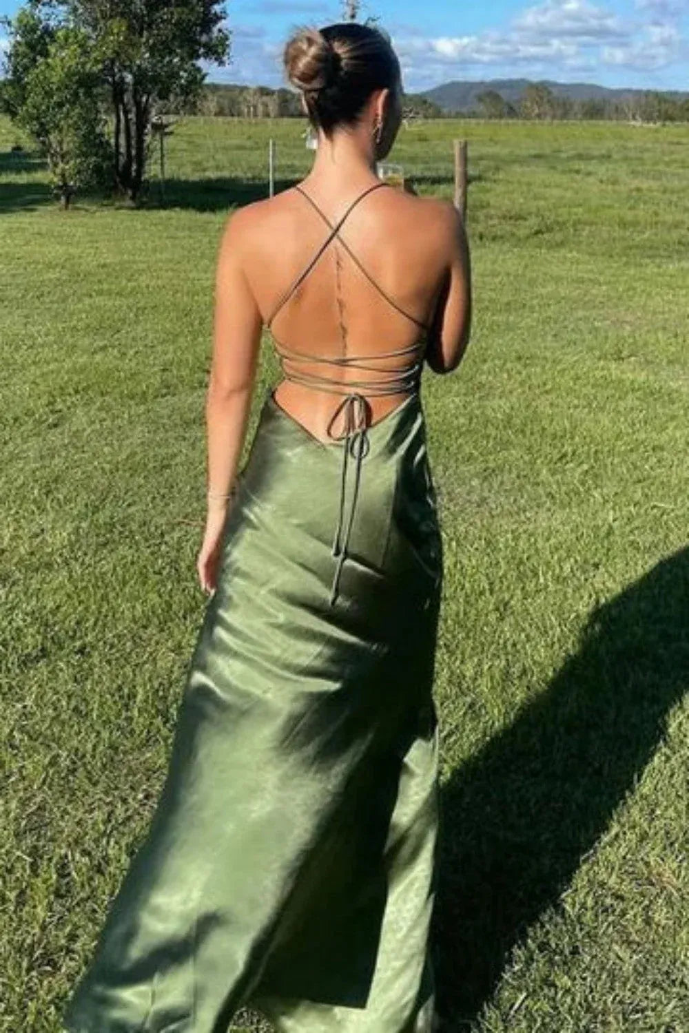 Loverlm Chic Satin Sheath V-Neck Spaghetti Strap Lace-Up Back Long Evening Dress