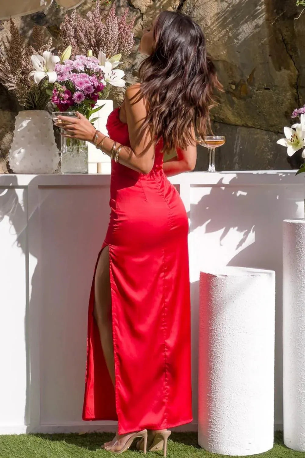 Elegant Satin Sheath Sweetheart Spaghetti Straps High Slit Maxi Evening Dress