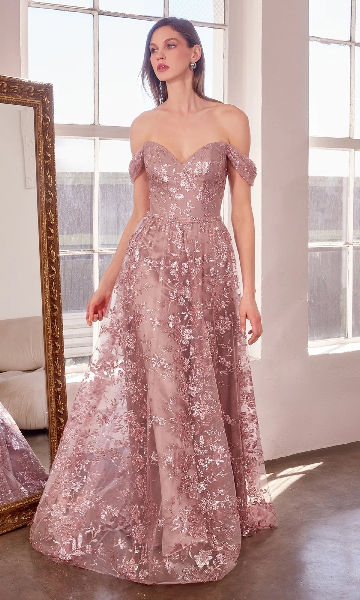 Elegant A-Line Sweetheart Off Shoulder Glitter Tulle Floor Length Evening Dress