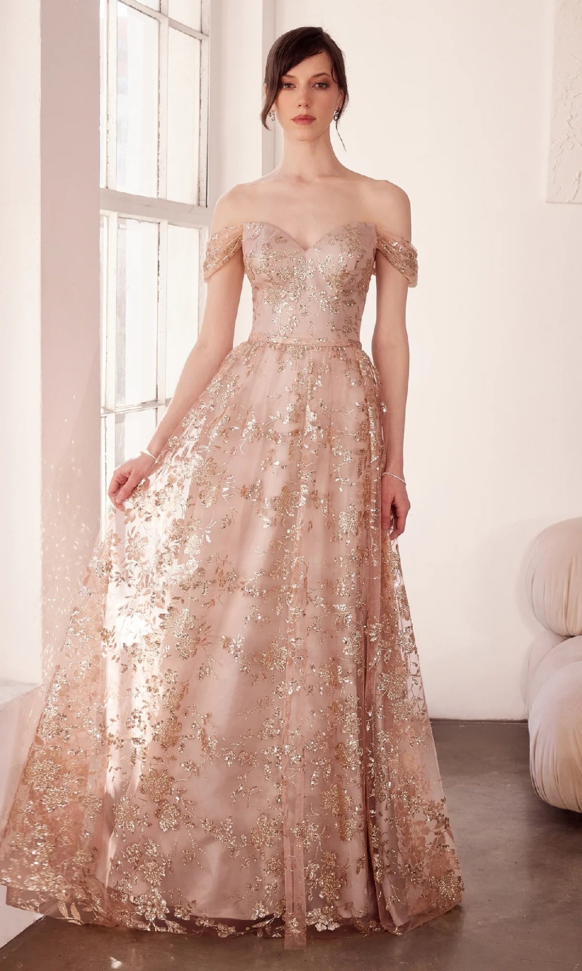 Elegant A-Line Sweetheart Off Shoulder Glitter Tulle Floor Length Evening Dress