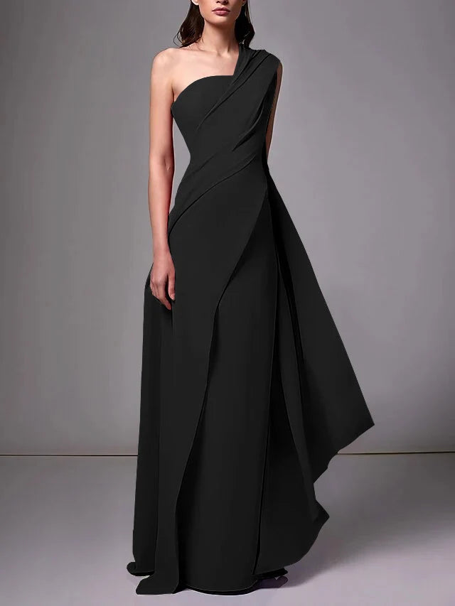 Elegant Sheath One Shoulder Sleeveless Crepe Floor Length Evening Dress