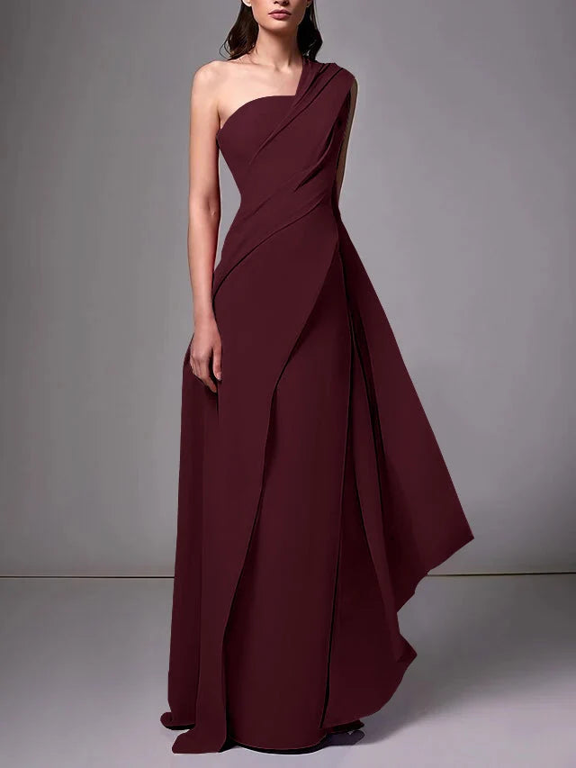 Elegant Sheath One Shoulder Sleeveless Crepe Floor Length Evening Dress