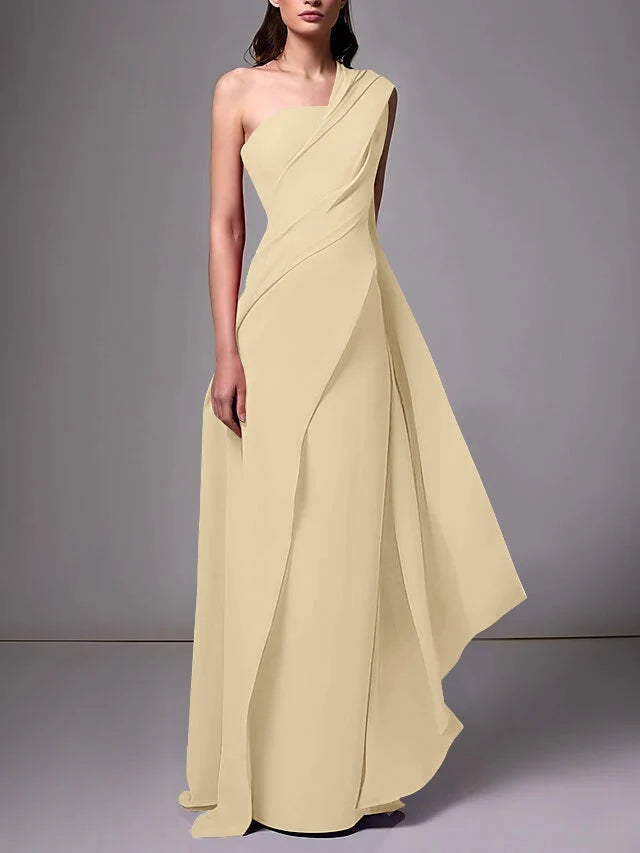 Elegant Sheath One Shoulder Sleeveless Crepe Floor Length Evening Dress