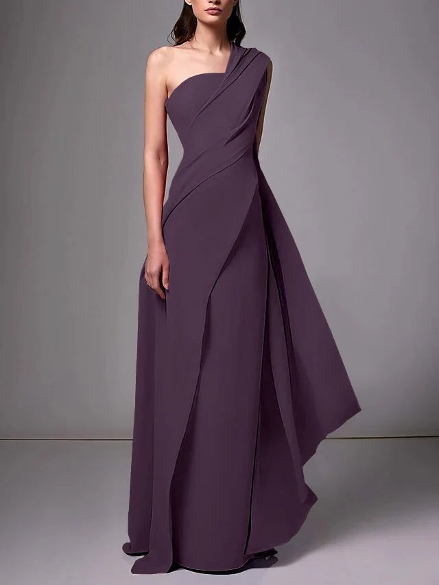 Elegant Sheath One Shoulder Sleeveless Crepe Floor Length Evening Dress