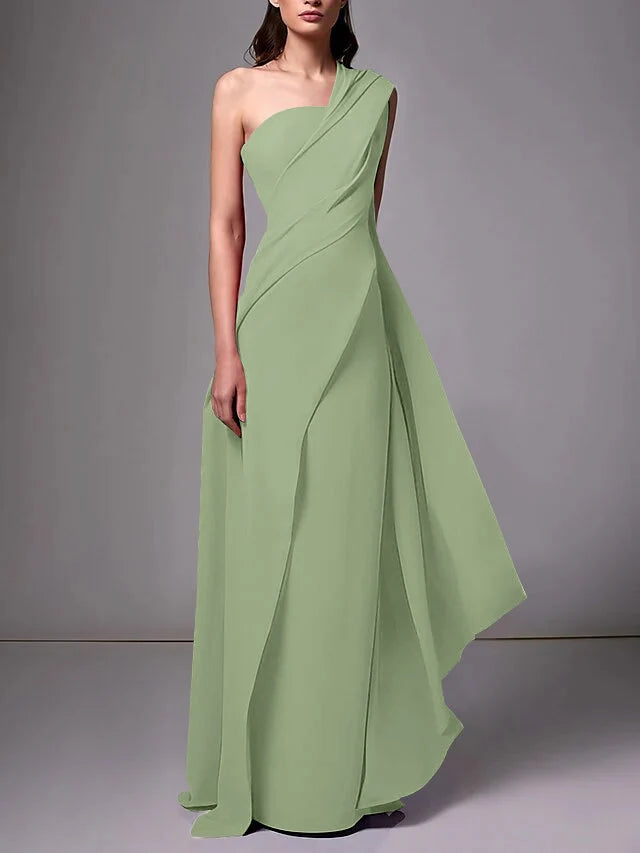 Elegant Sheath One Shoulder Sleeveless Crepe Floor Length Evening Dress
