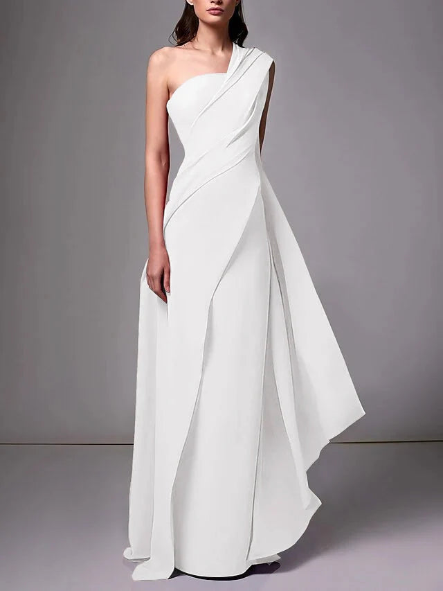 Elegant Sheath One Shoulder Sleeveless Crepe Floor Length Evening Dress