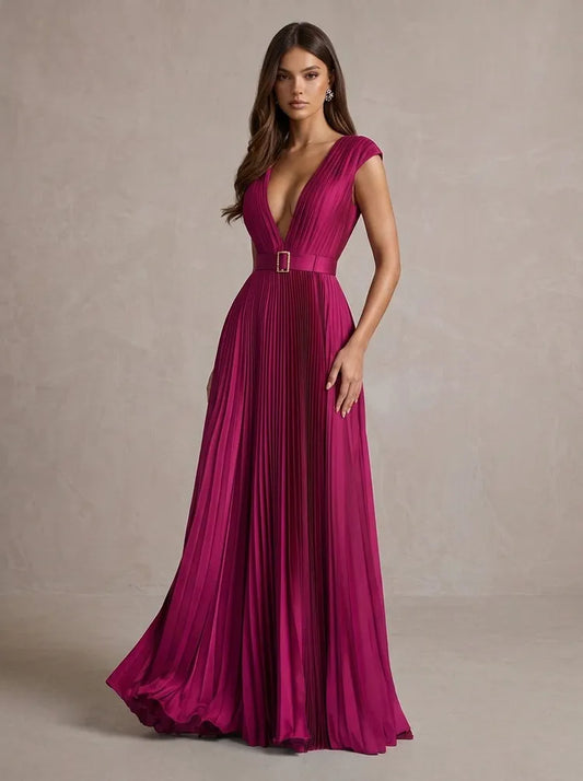 Loverlm magenta pleated V-neck A-line floor length bridesmaid dress front view