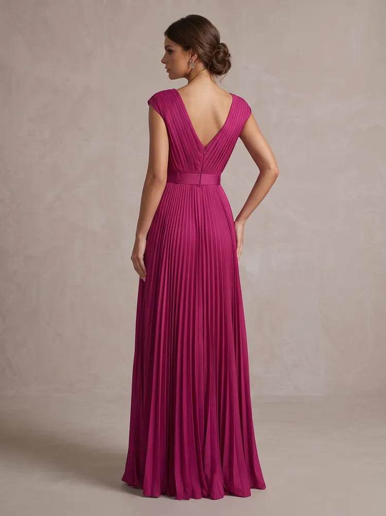 Elegant A-Line V-Neck Cap Sleeve Chiffon Floor-Length Evening Dress