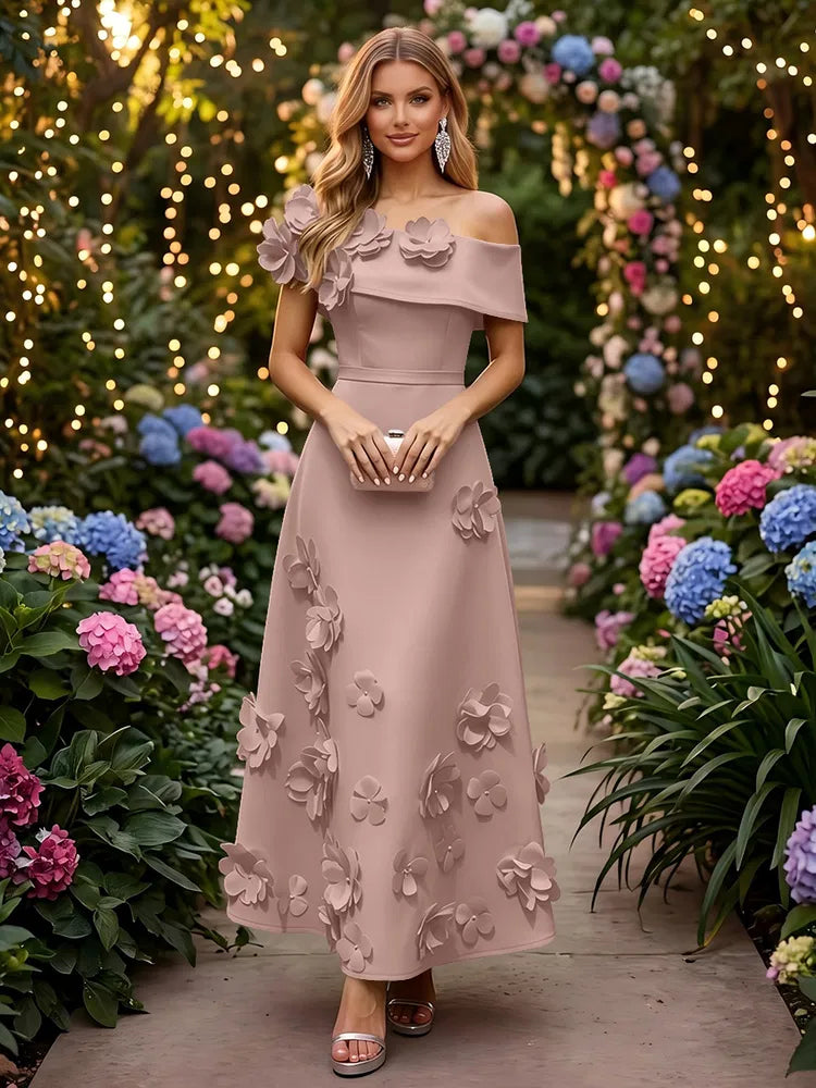 Romantic A-Line Off-Shoulder Short Sleeve Satin Ankle-Length Wedding Guest Dress