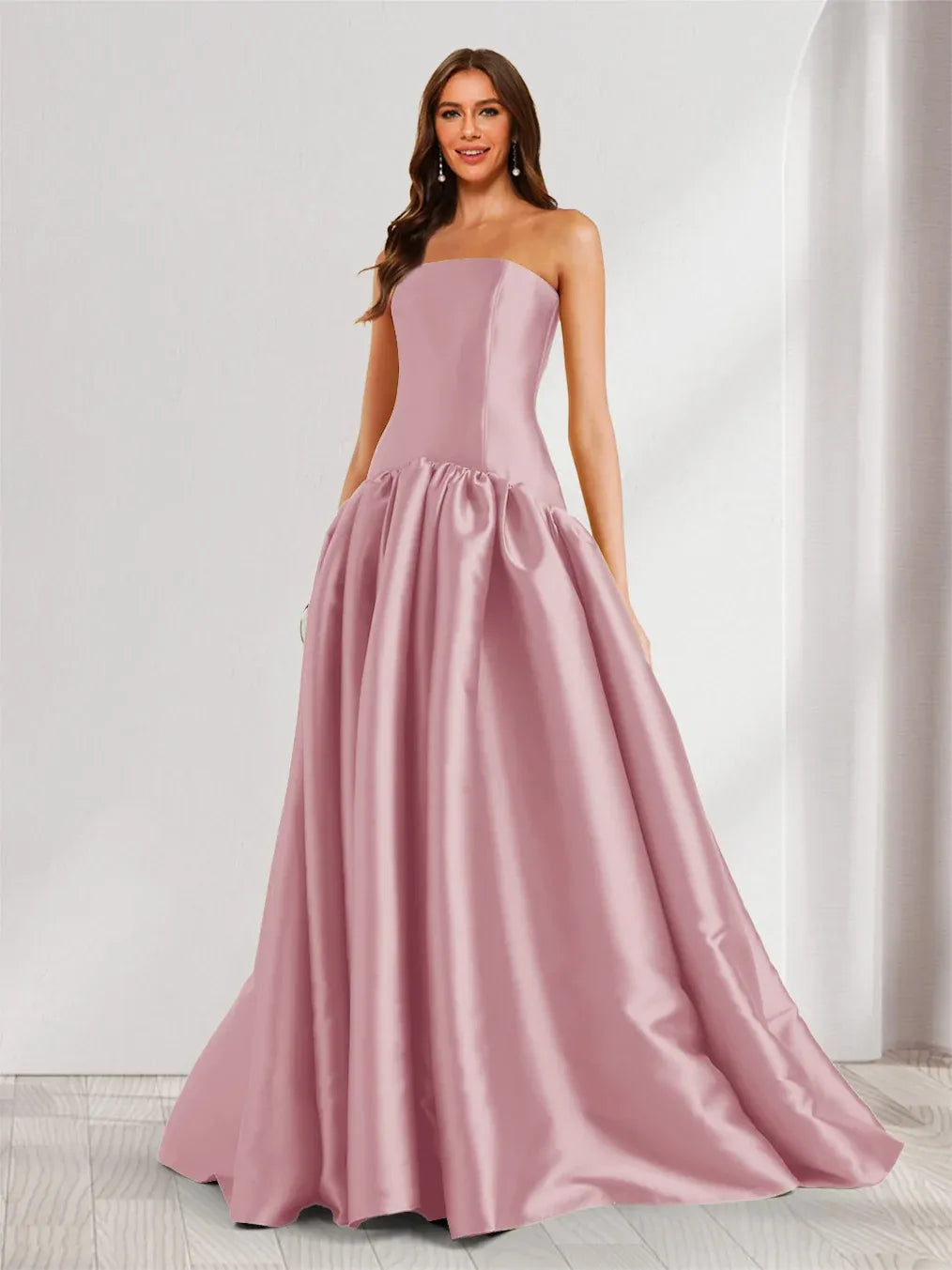 Elegant A-Line Straight-Neck Strapless Zipper-Back Floor-Length Satin Prom Dress