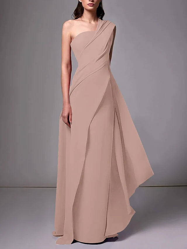 Elegant Sheath One Shoulder Sleeveless Crepe Floor Length Evening Dress