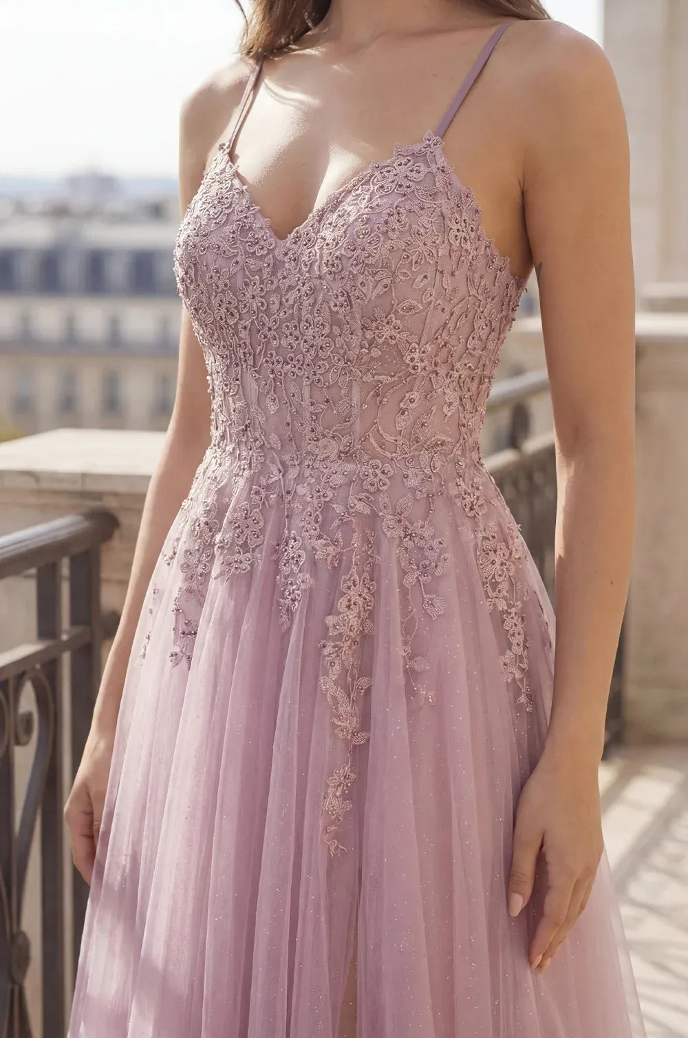 Romantic A-Line V-Neck Spaghetti Strap Lace-Up Back Floor-Length Prom Dress