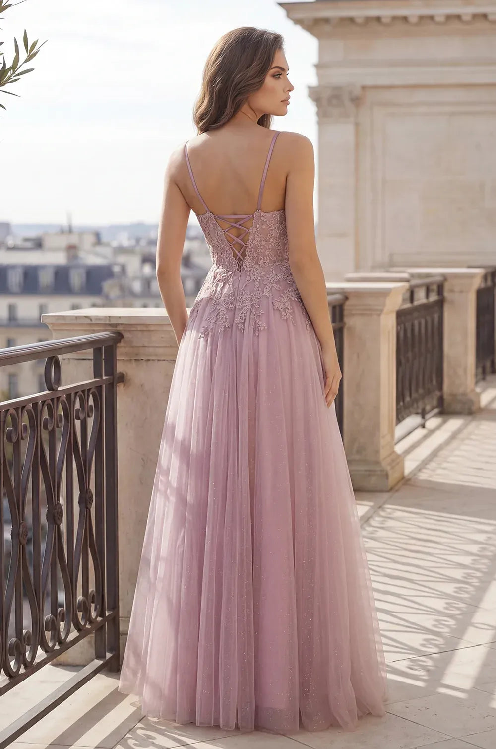 Romantic A-Line V-Neck Spaghetti Strap Lace-Up Back Floor-Length Prom Dress
