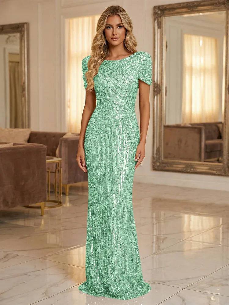 Glamorous Sheath Bateau Neck Puff Sleeve Sequin Floor-Length Evening Dress