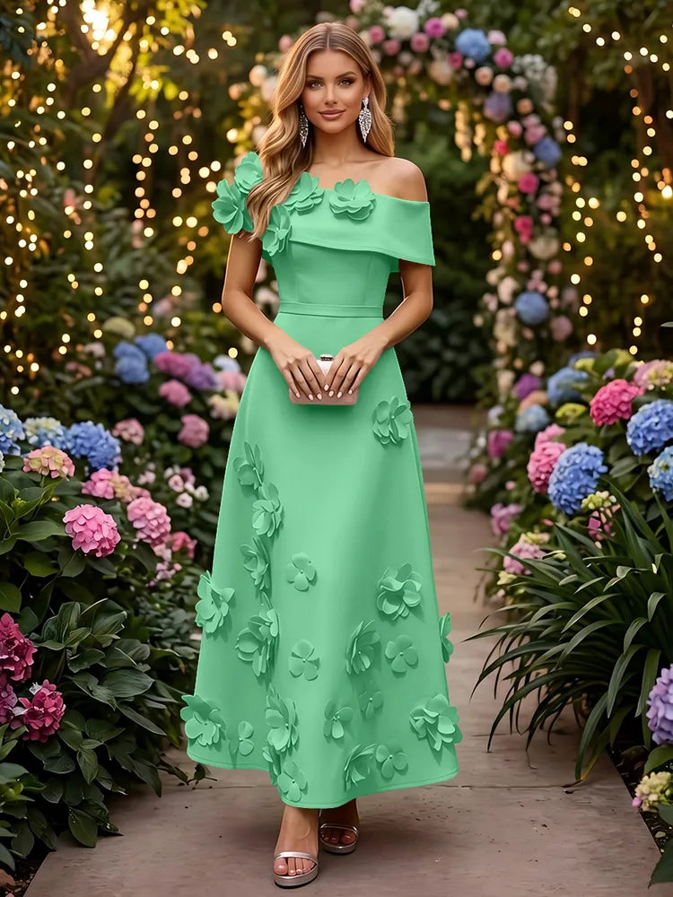 Romantic A-Line Off-Shoulder Short Sleeve Satin Ankle-Length Wedding Guest Dress