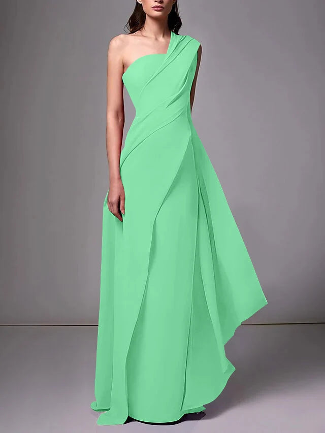 Elegant Sheath One Shoulder Sleeveless Crepe Floor Length Evening Dress