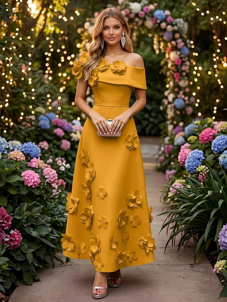 Romantic A-Line Off-Shoulder Short Sleeve Satin Ankle-Length Wedding Guest Dress